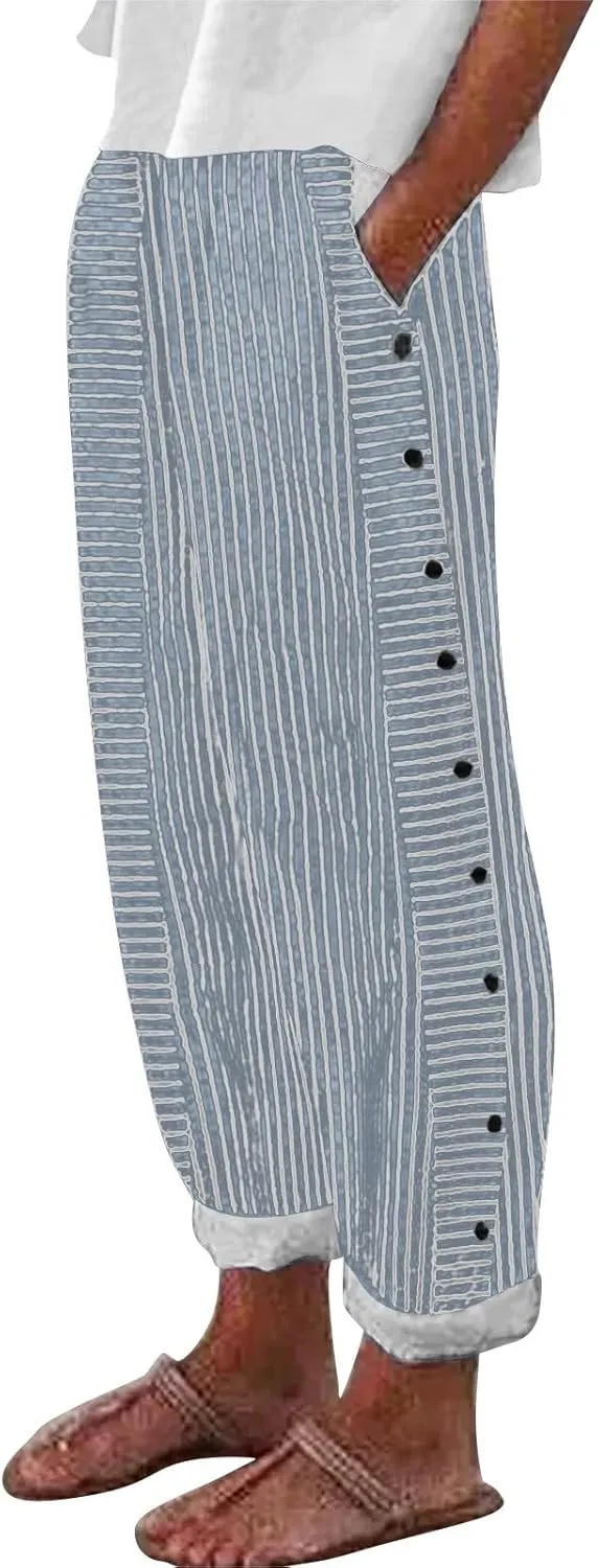 Striped Linen Pants for Women 2025, Trendy Spring Summer Casual Pants High Waist Straight Leg Trousers with Pockets