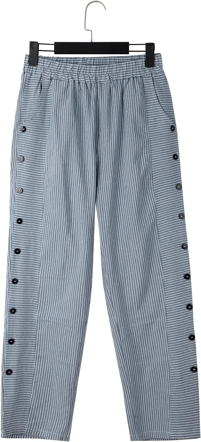 Striped Linen Pants for Women 2025, Trendy Spring Summer Casual Pants High Waist Straight Leg Trousers with Pockets