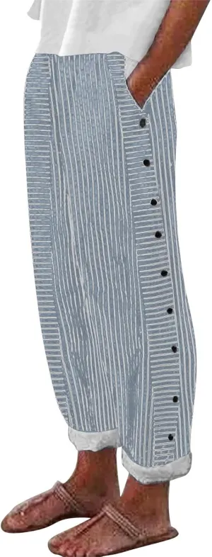 Striped Linen Pants for Women 2025, Trendy Spring Summer Casual Pants High Waist Straight Leg Trousers with Pockets