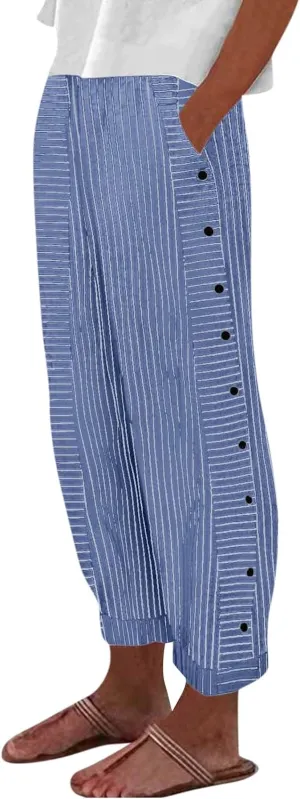 Striped Linen Pants Women 2025 Casual Summer Pants Side Button Elastic Waist Pants Straight Leg Trousers with Pockets