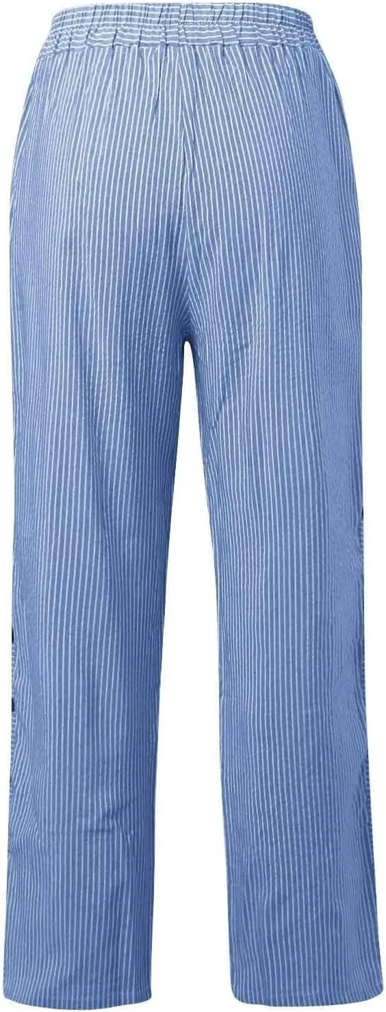 Striped Linen Pants Women 2025 Casual Summer Pants Side Button Elastic Waist Pants Straight Leg Trousers with Pockets