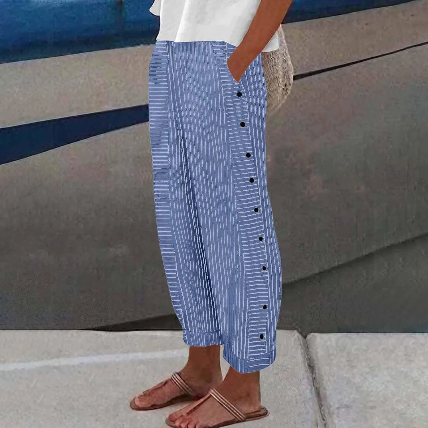 Striped Linen Pants Women 2025 Casual Summer Pants Side Button Elastic Waist Pants Straight Leg Trousers with Pockets