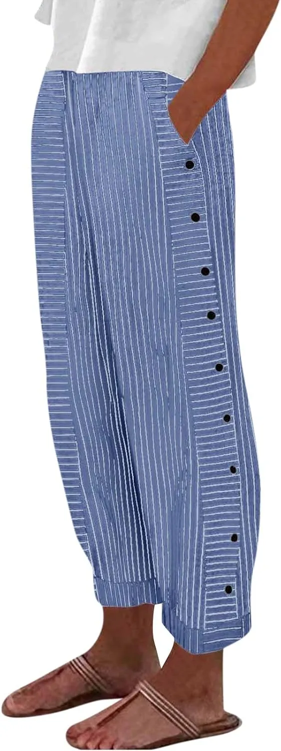 Striped Linen Pants Women 2025 Casual Summer Pants Side Button Elastic Waist Pants Straight Leg Trousers with Pockets