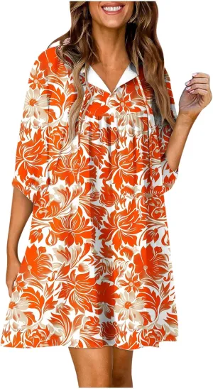 Summer Flowy Tunic Dresses for Women Cute Boho Floral Print Dress V Neck 3/4 Sleeve Smocked Mini Babydoll Sun dresses