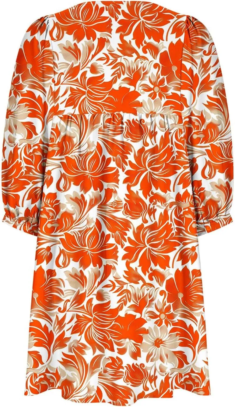 Summer Flowy Tunic Dresses for Women Cute Boho Floral Print Dress V Neck 3/4 Sleeve Smocked Mini Babydoll Sun dresses