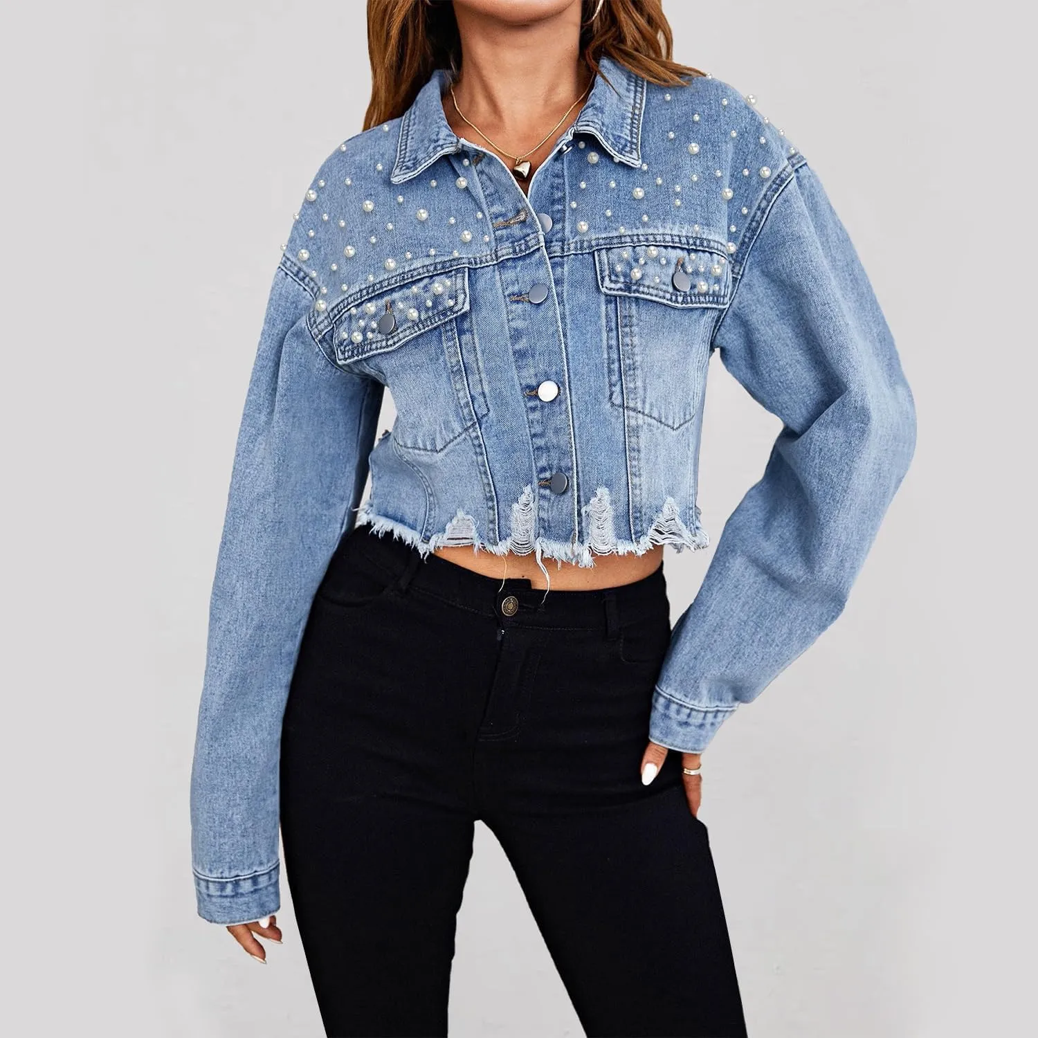 Summer Jean Jacket Women Lightweight Button Down Womens Distressed Denim Shacket Long Sleeve