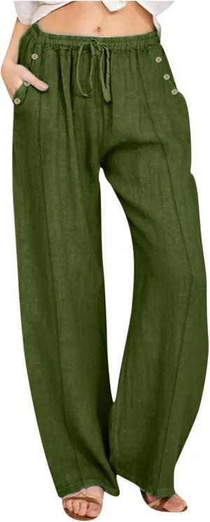 Summer Linen Pants Women 2025 Wide Leg Casual Comfy Drawstring Palazzo Pants Trousers with Pockets Beach Outfits