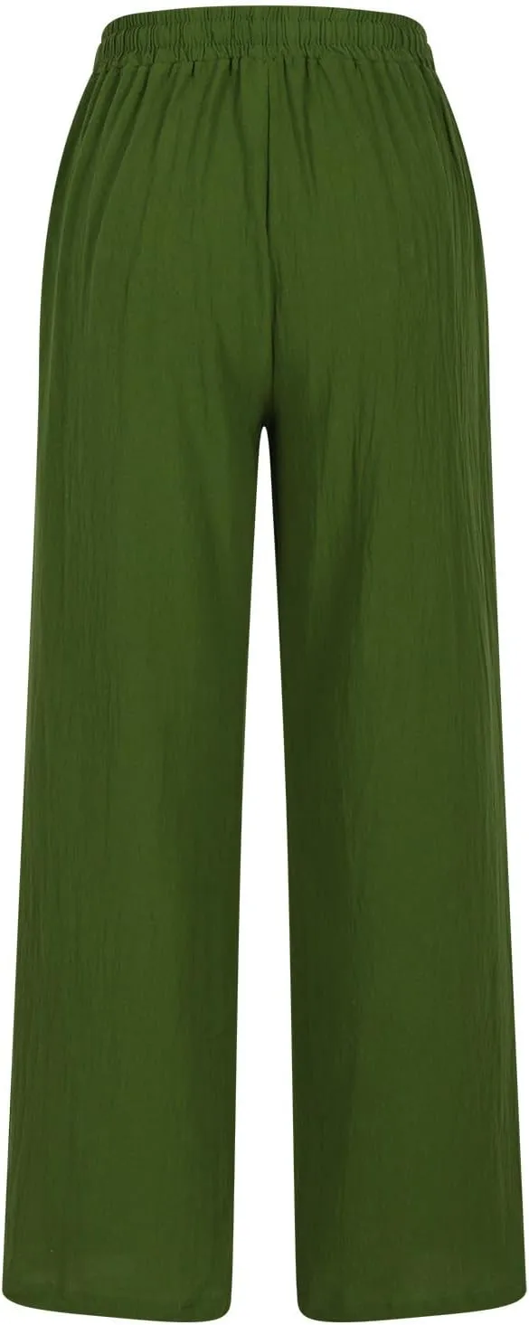 Summer Linen Pants Women 2025 Wide Leg Casual Comfy Drawstring Palazzo Pants Trousers with Pockets Beach Outfits
