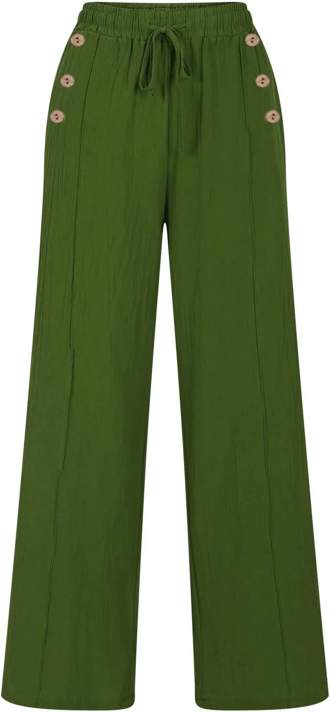 Summer Linen Pants Women 2025 Wide Leg Casual Comfy Drawstring Palazzo Pants Trousers with Pockets Beach Outfits