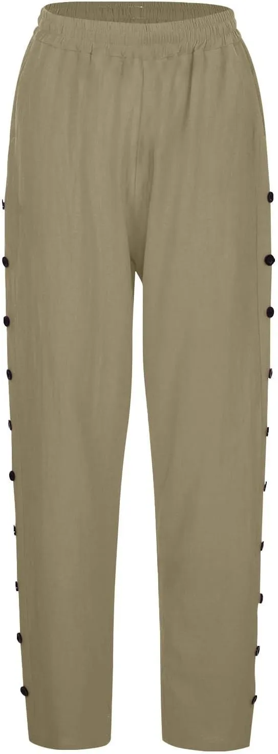 Summer Linen Straight Pants for Womens Striped Waisted Elastic Side Button Pant Casual Loose Trousers with Pocket