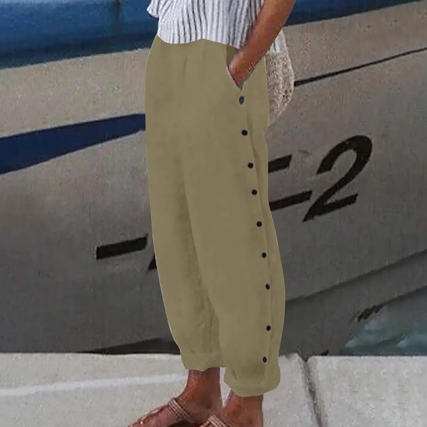 Summer Linen Straight Pants for Womens Striped Waisted Elastic Side Button Pant Casual Loose Trousers with Pocket