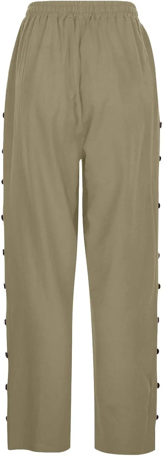 Summer Linen Straight Pants for Womens Striped Waisted Elastic Side Button Pant Casual Loose Trousers with Pocket