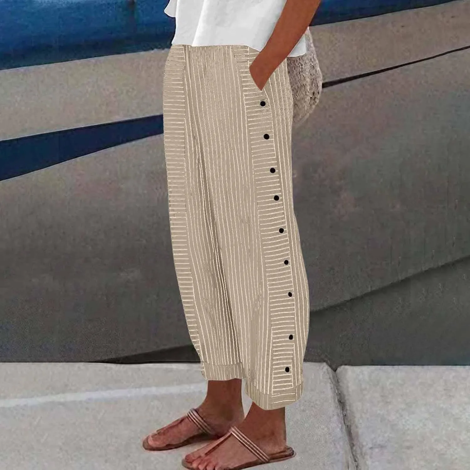 Summer Pants Women, Straight Leg Casual Pants Peasant Linen Elastic Waist Trendy