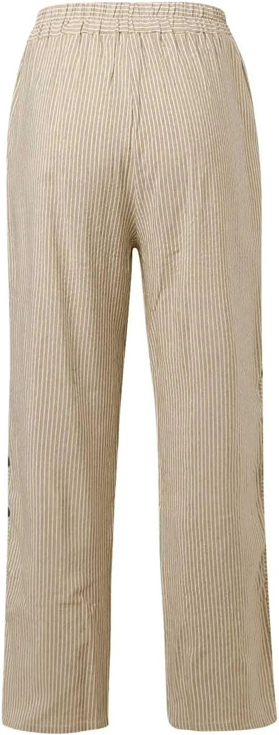 Summer Pants Women, Straight Leg Casual Pants Peasant Linen Elastic Waist Trendy