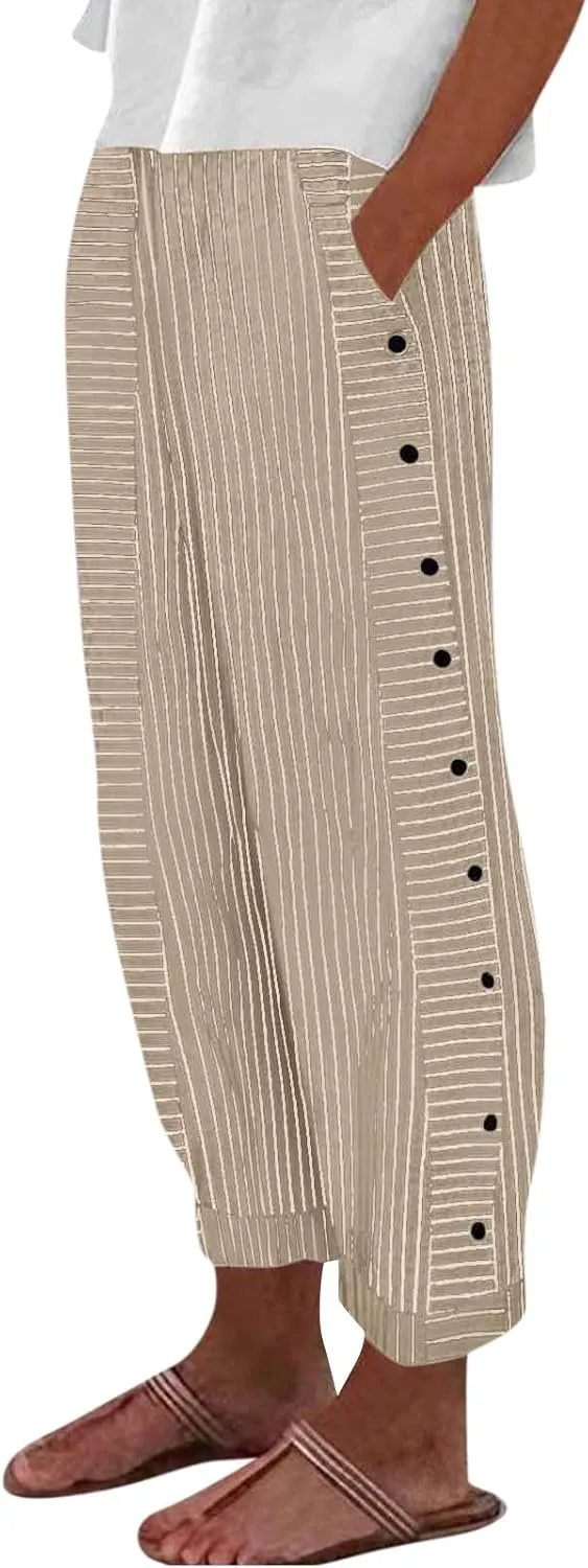 Summer Pants Women, Straight Leg Casual Pants Peasant Linen Elastic Waist Trendy