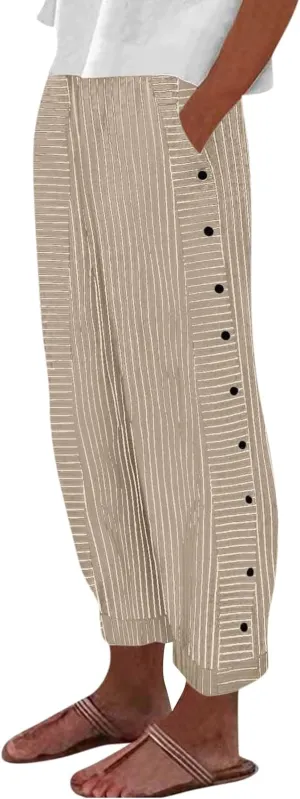Summer Pants Women, Straight Leg Casual Pants Peasant Linen Elastic Waist Trendy