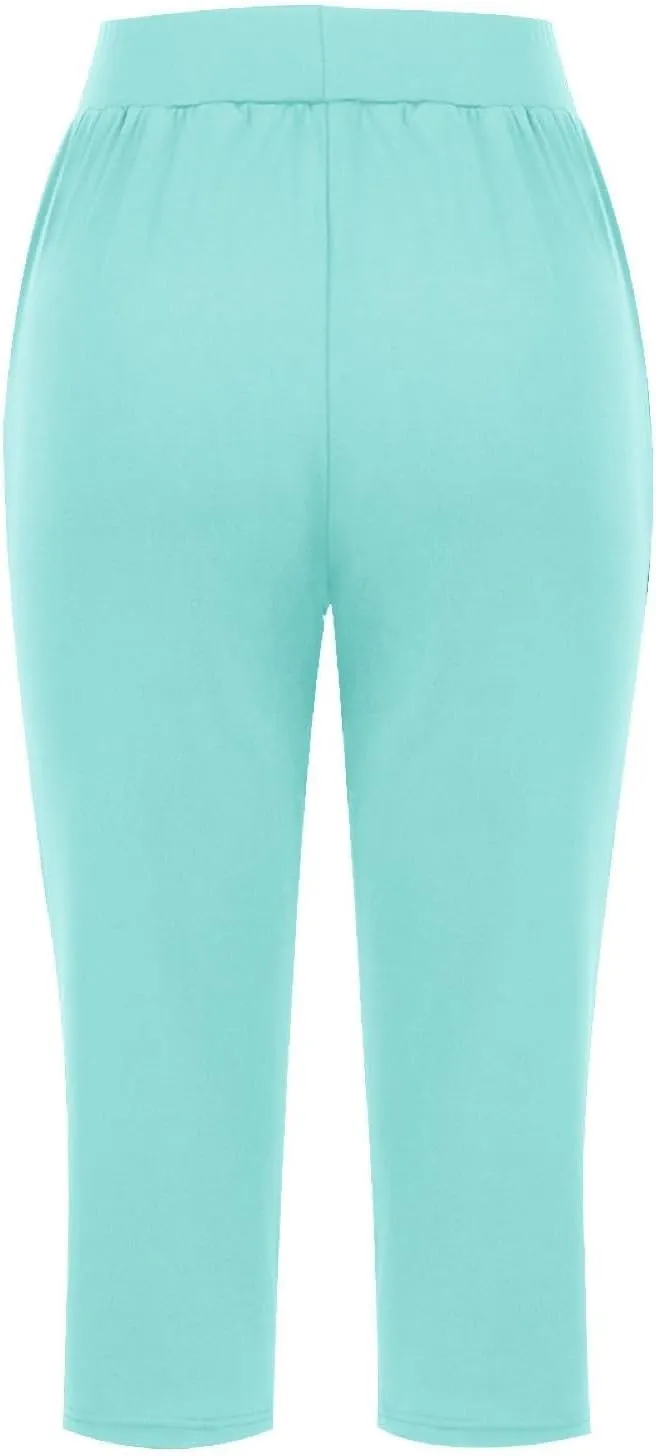 Summer Pants Women, with Pockets High Waist Capri Pants Wide Leg Tummy