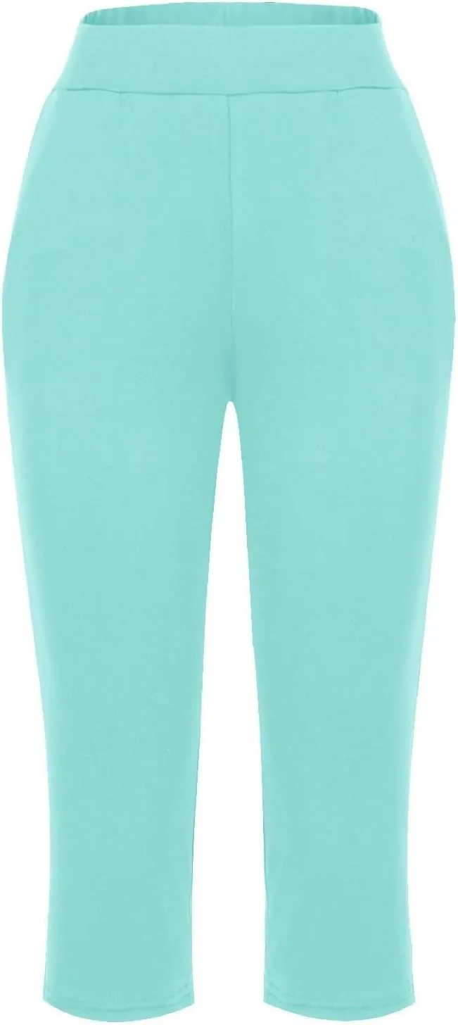 Summer Pants Women, with Pockets High Waist Capri Pants Wide Leg Tummy
