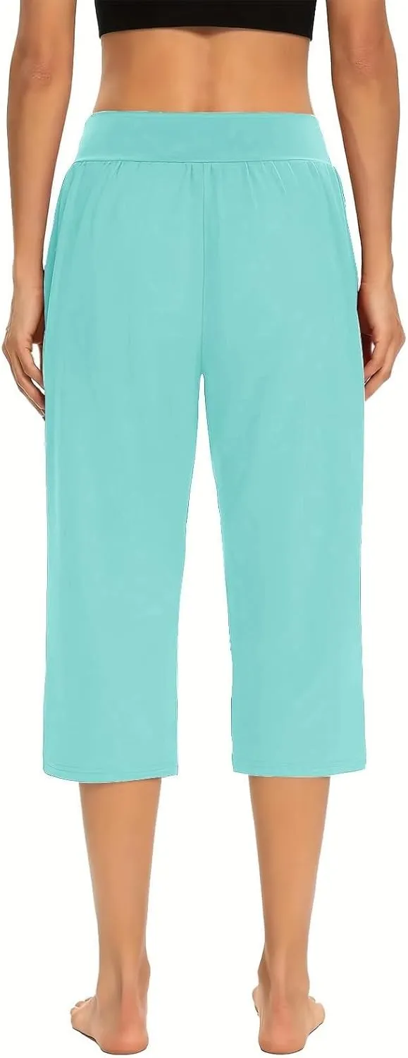 Summer Pants Women, with Pockets High Waist Capri Pants Wide Leg Tummy
