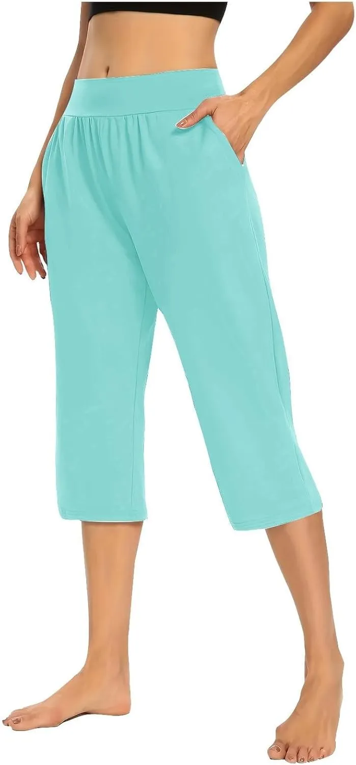 Summer Pants Women, with Pockets High Waist Capri Pants Wide Leg Tummy
