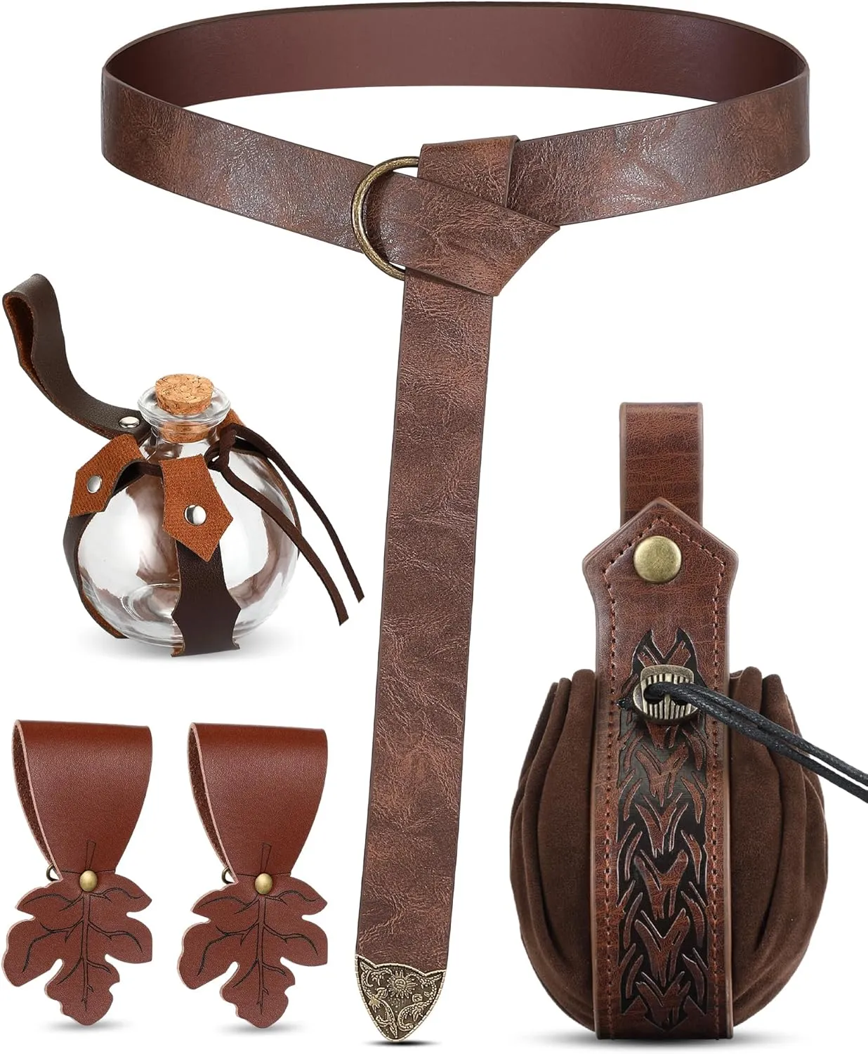 Sweetude 6 Pcs Renaissance Belt Accessories Medieval Viking Belt Potion Bottles Leather Pouch Skirt Hikes