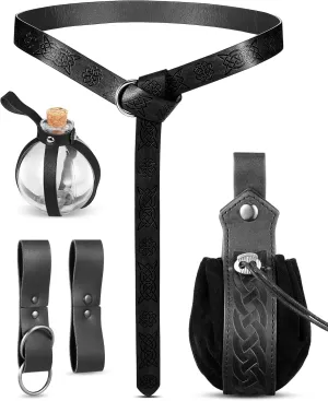 Sweetude 6 Pcs Renaissance Belt Accessories Medieval Viking Belt Potion Bottles Leather Pouch Skirt Hikes