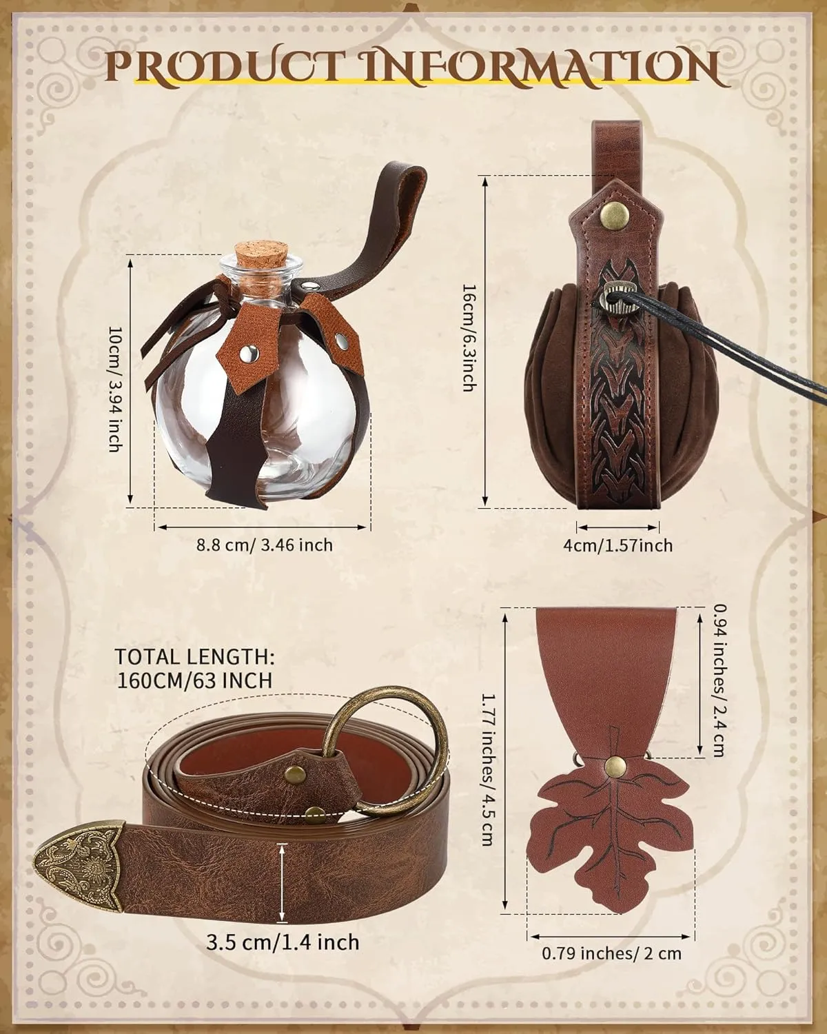 Sweetude 6 Pcs Renaissance Belt Accessories Medieval Viking Belt Potion Bottles Leather Pouch Skirt Hikes