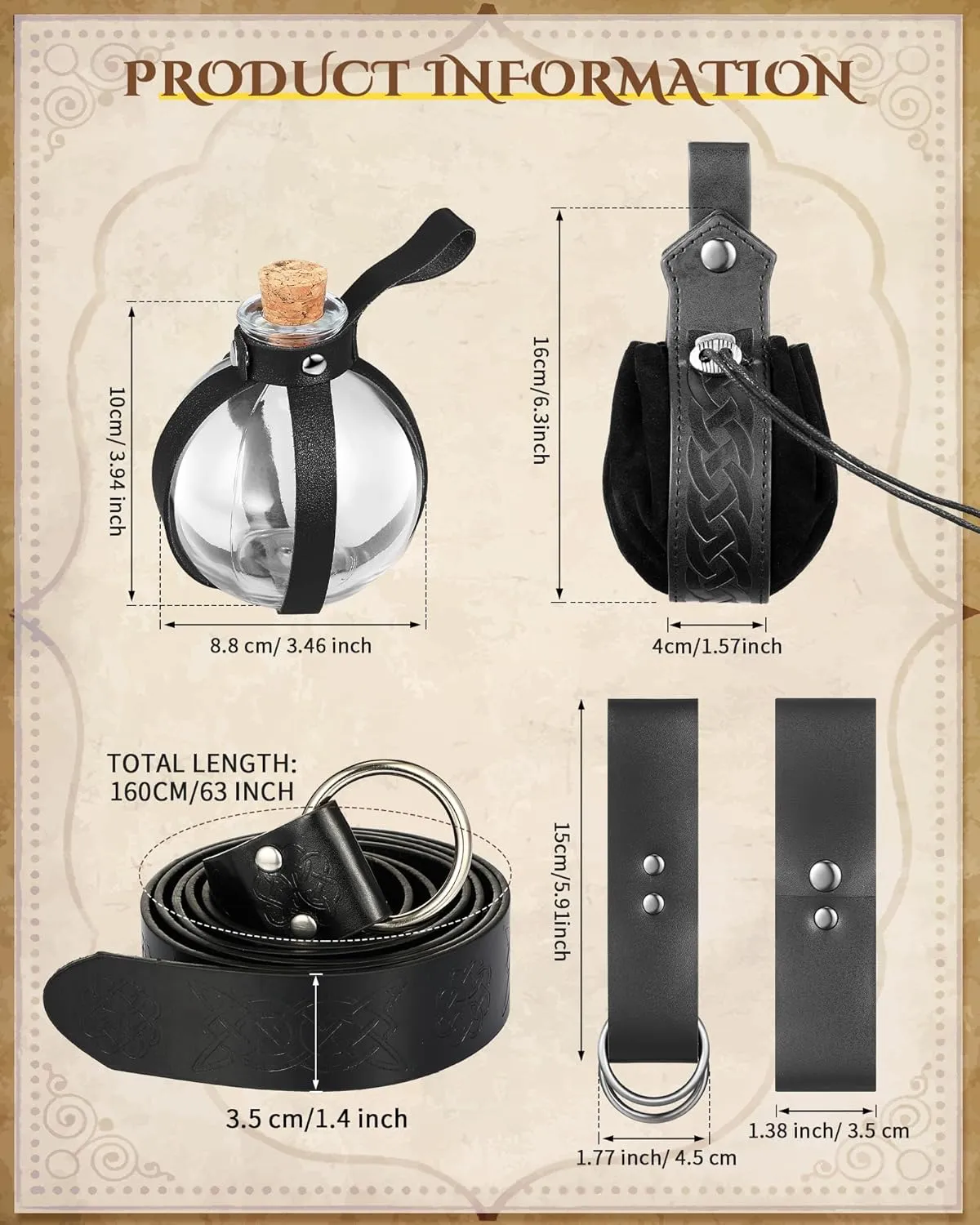 Sweetude 6 Pcs Renaissance Belt Accessories Medieval Viking Belt Potion Bottles Leather Pouch Skirt Hikes