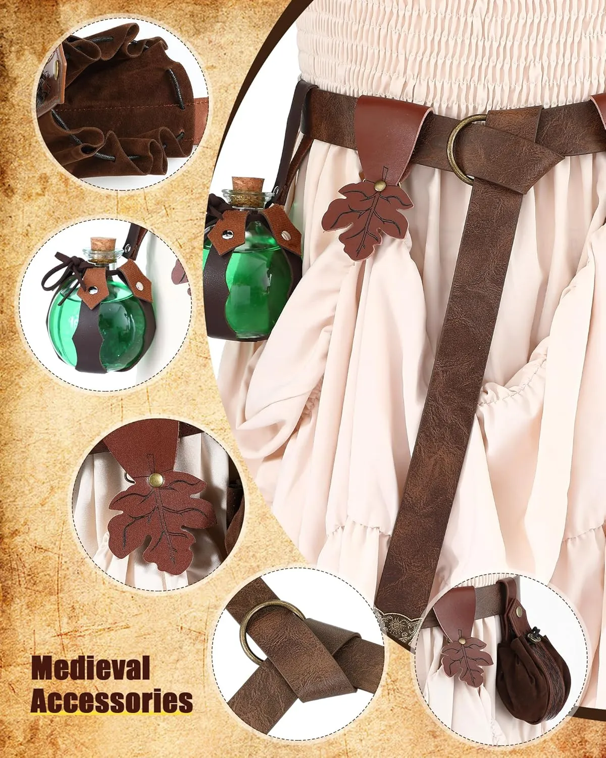 Sweetude 6 Pcs Renaissance Belt Accessories Medieval Viking Belt Potion Bottles Leather Pouch Skirt Hikes