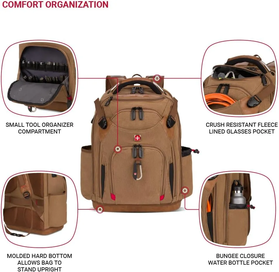 SwissGear Tool Bag Backpack, Fits Up to 17-Inch Laptop, Work Pack PRO, Brown Canvas