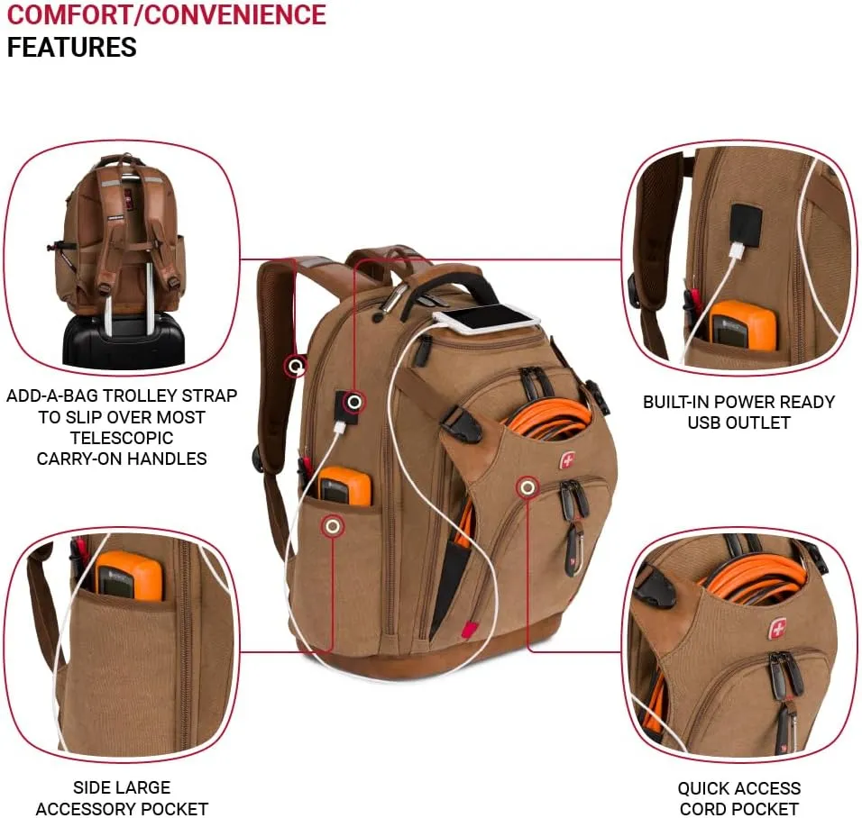 SwissGear Tool Bag Backpack, Fits Up to 17-Inch Laptop, Work Pack PRO, Brown Canvas