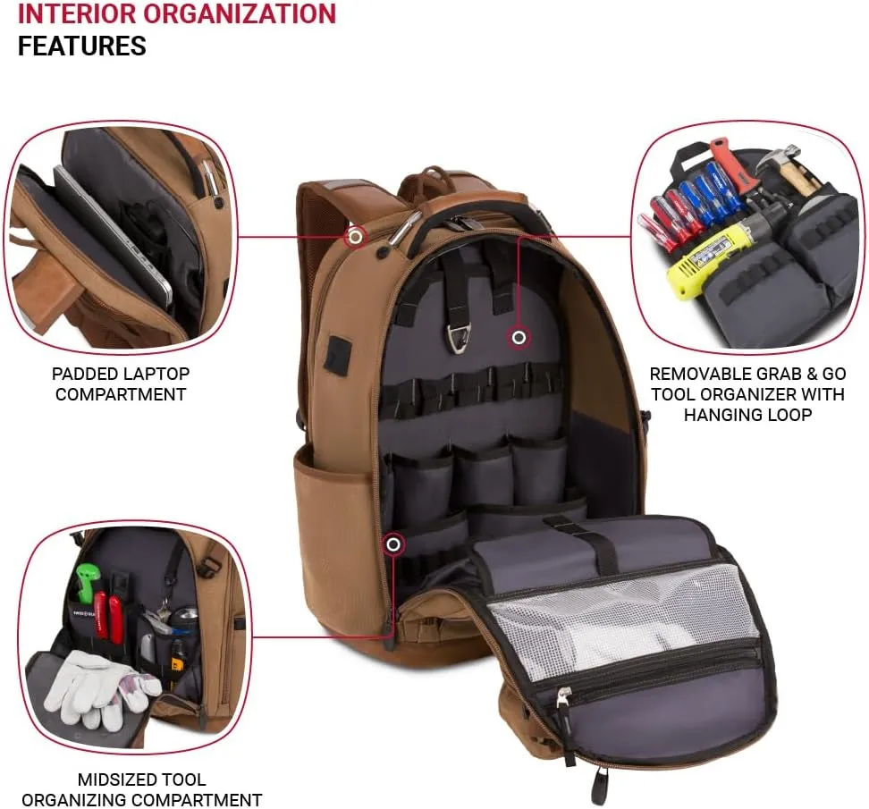 SwissGear Tool Bag Backpack, Fits Up to 17-Inch Laptop, Work Pack PRO, Brown Canvas