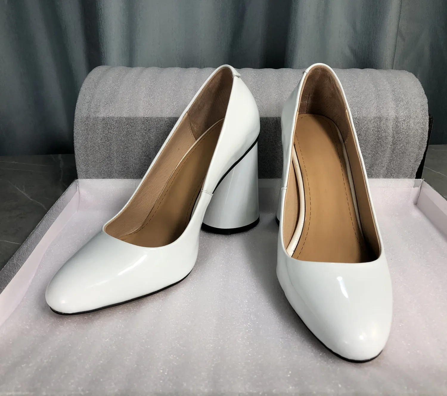 TinaCus Handmade Women's Patent Leather Slip On Round Toe High Cone Heel Pumps Shoes