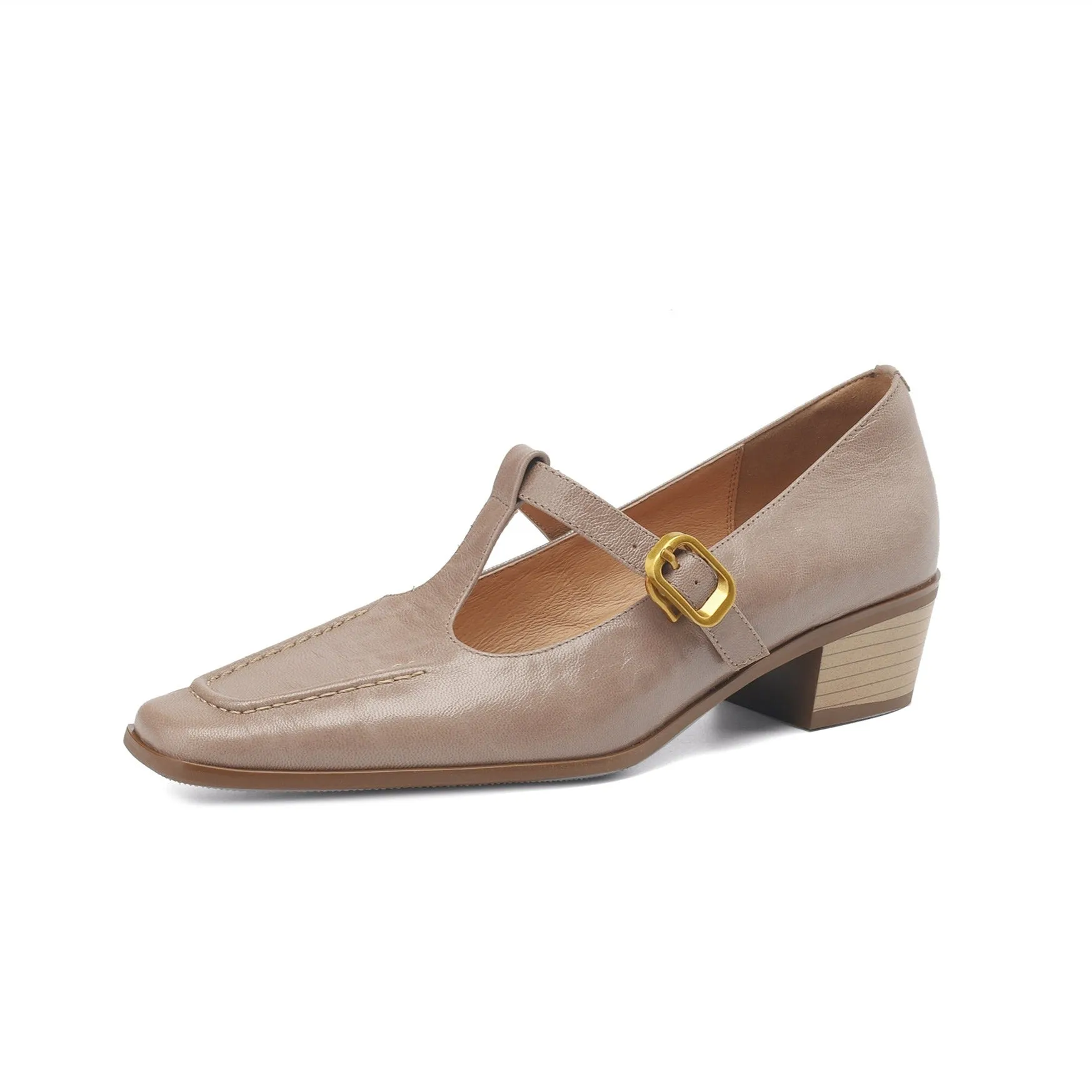 TinaCus Women's Genuine Leather Handmade Chunky Heel T-Strap Buckle Pumps