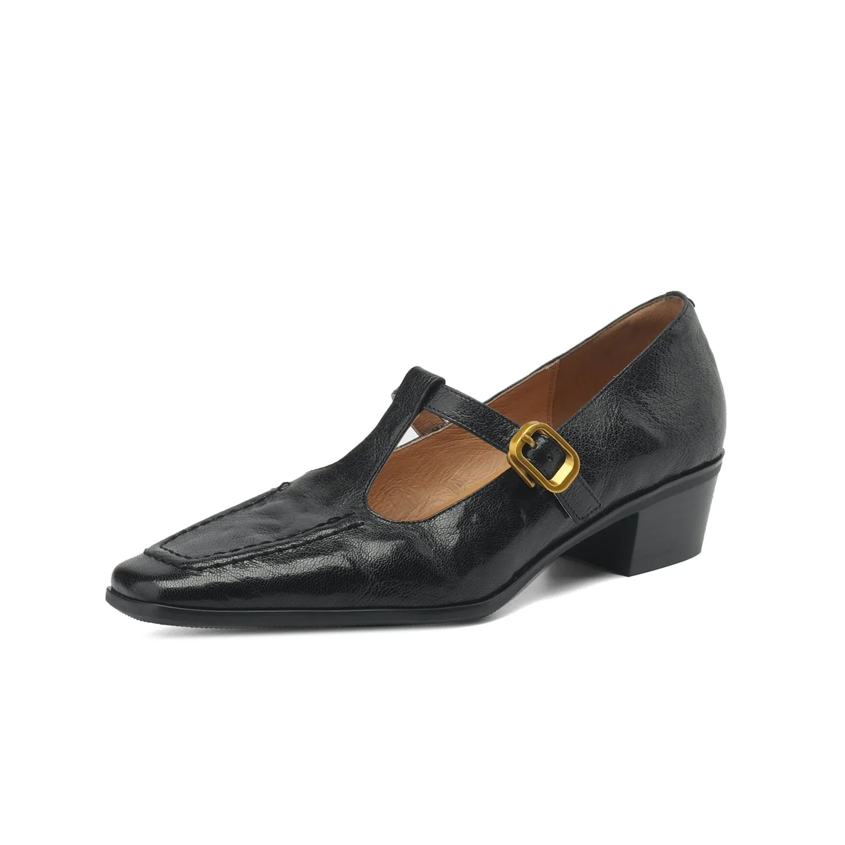 TinaCus Women's Genuine Leather Handmade Chunky Heel T-Strap Buckle Pumps