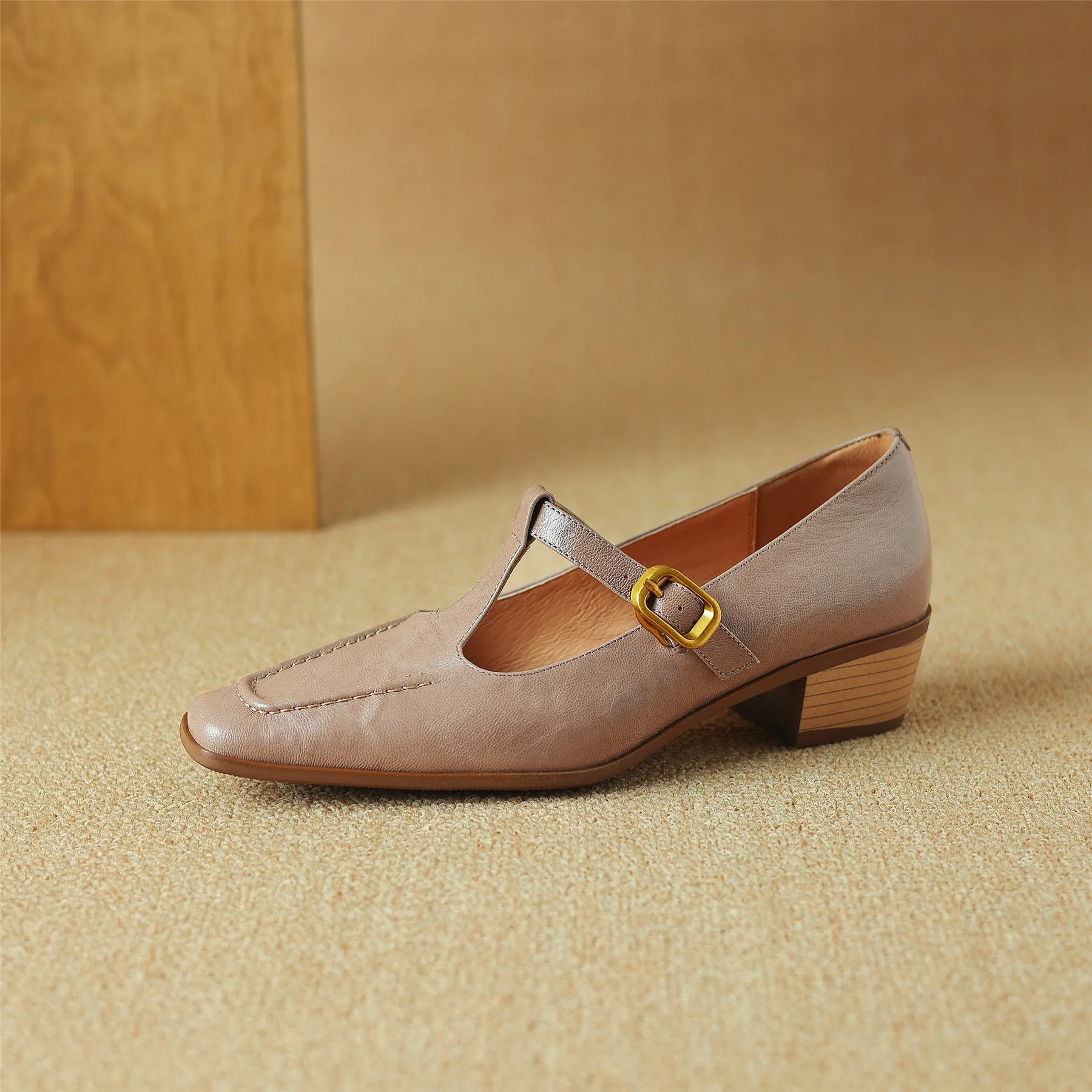 TinaCus Women's Genuine Leather Handmade Chunky Heel T-Strap Buckle Pumps