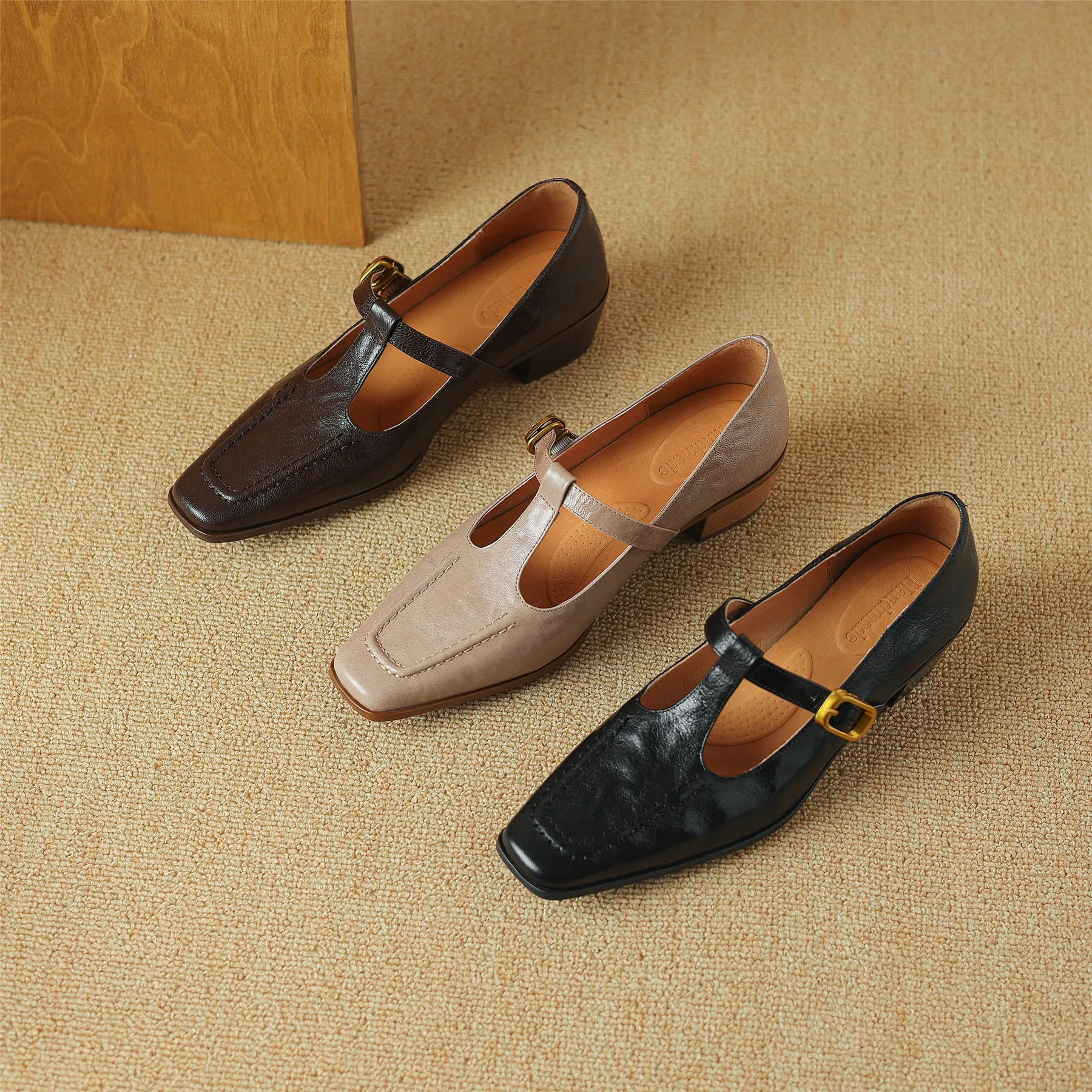 TinaCus Women's Genuine Leather Handmade Chunky Heel T-Strap Buckle Pumps