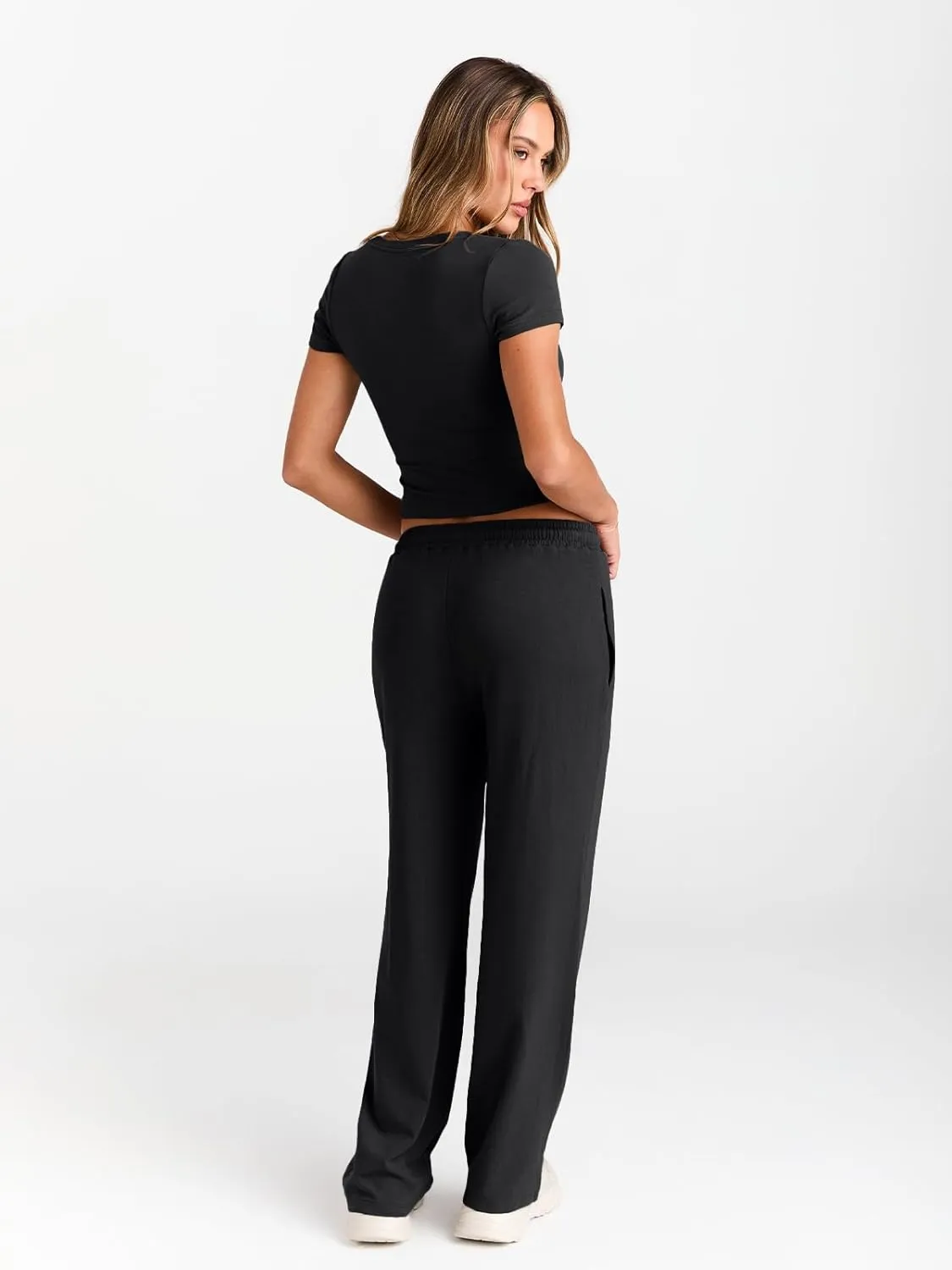 Trendy Queen 2 Piece Matching Summer Sweatsuit Lounge Set Womens Wide Leg Pants Side Ruching Crop Top Sets