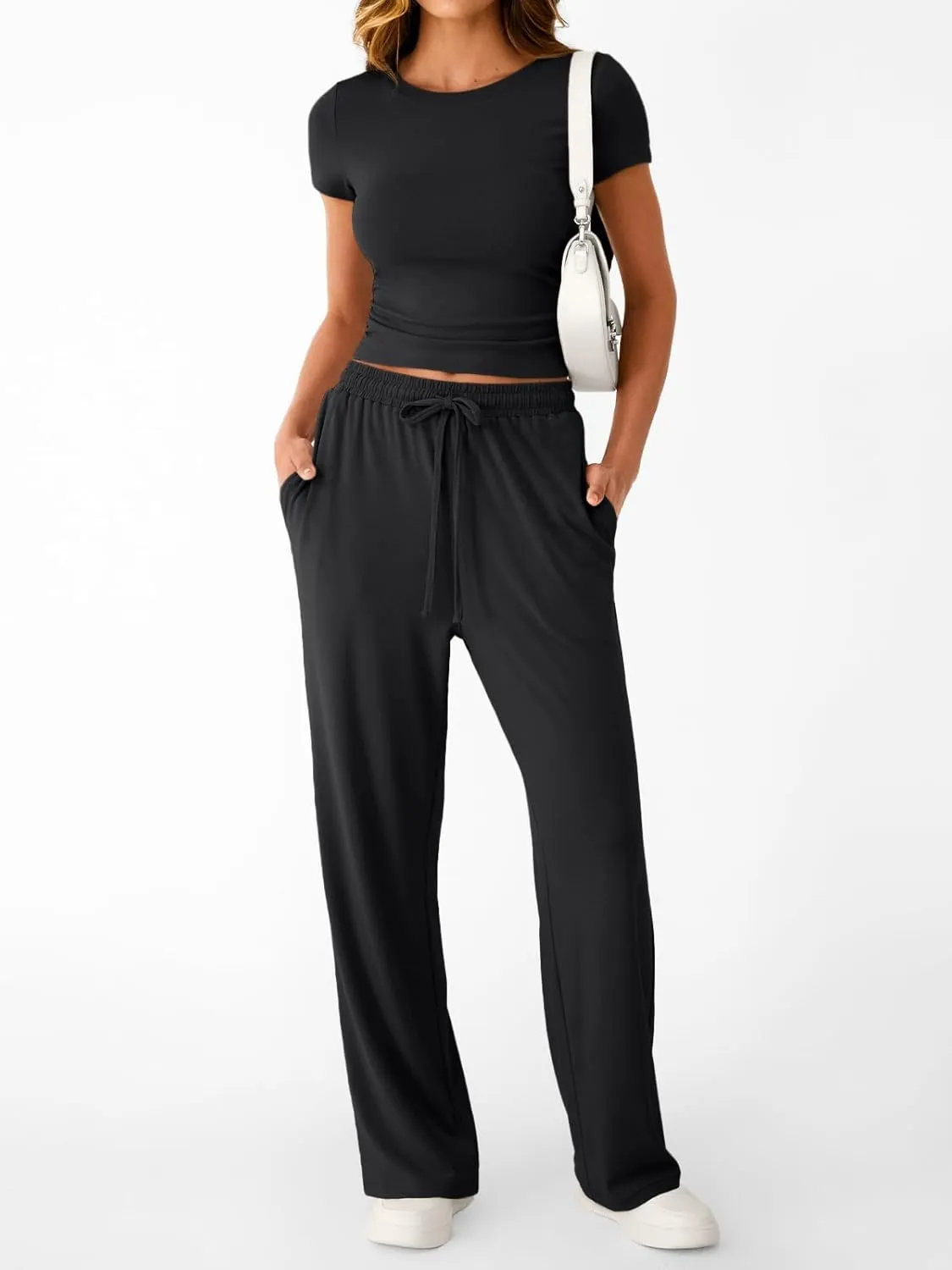 Trendy Queen 2 Piece Matching Summer Sweatsuit Lounge Set Womens Wide Leg Pants Side Ruching Crop Top Sets