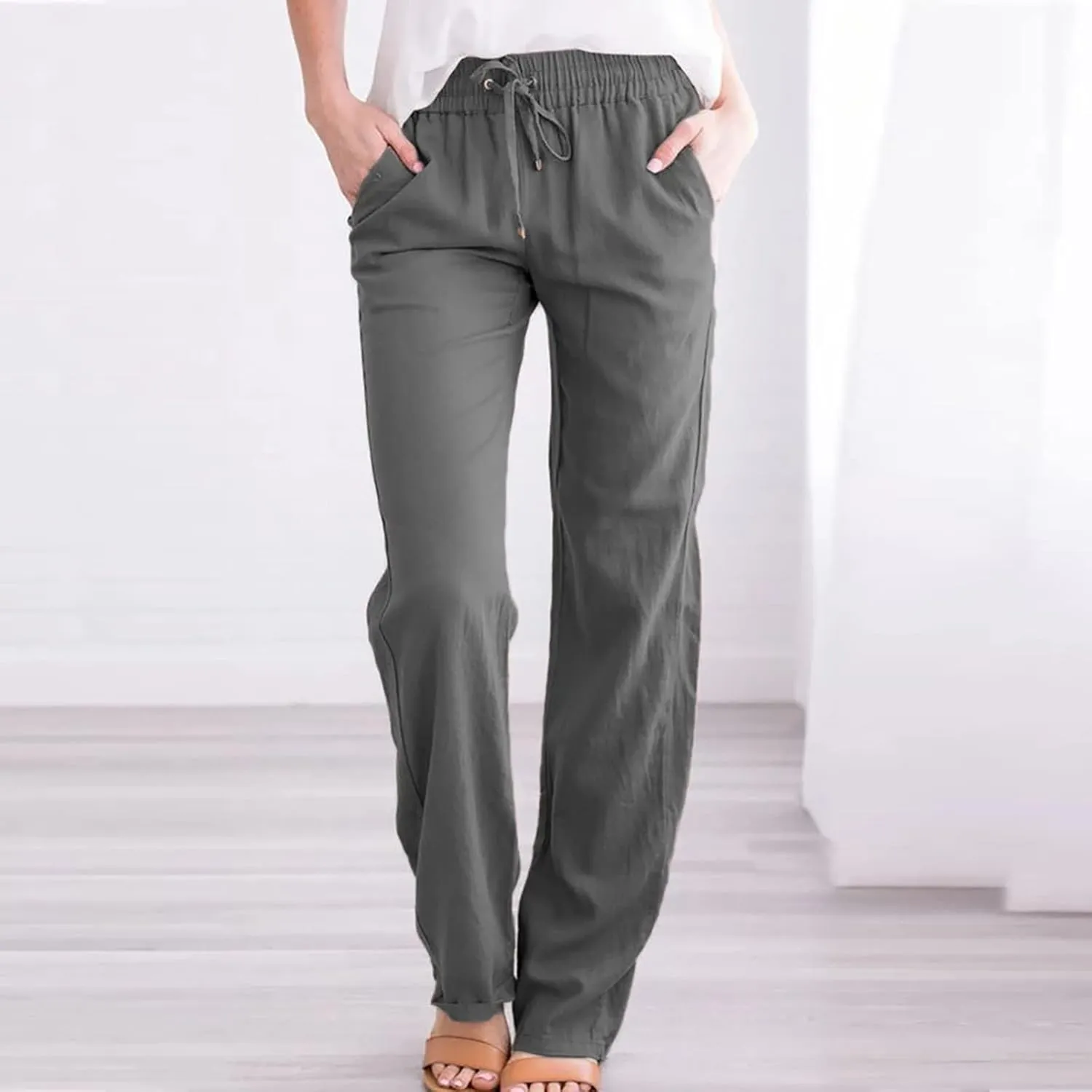 tuduoms Linen Palazzo Pants for Women Summer Business Casual Dressy Comfy Loose Trousers High Waist Lounge Yoga Joggers