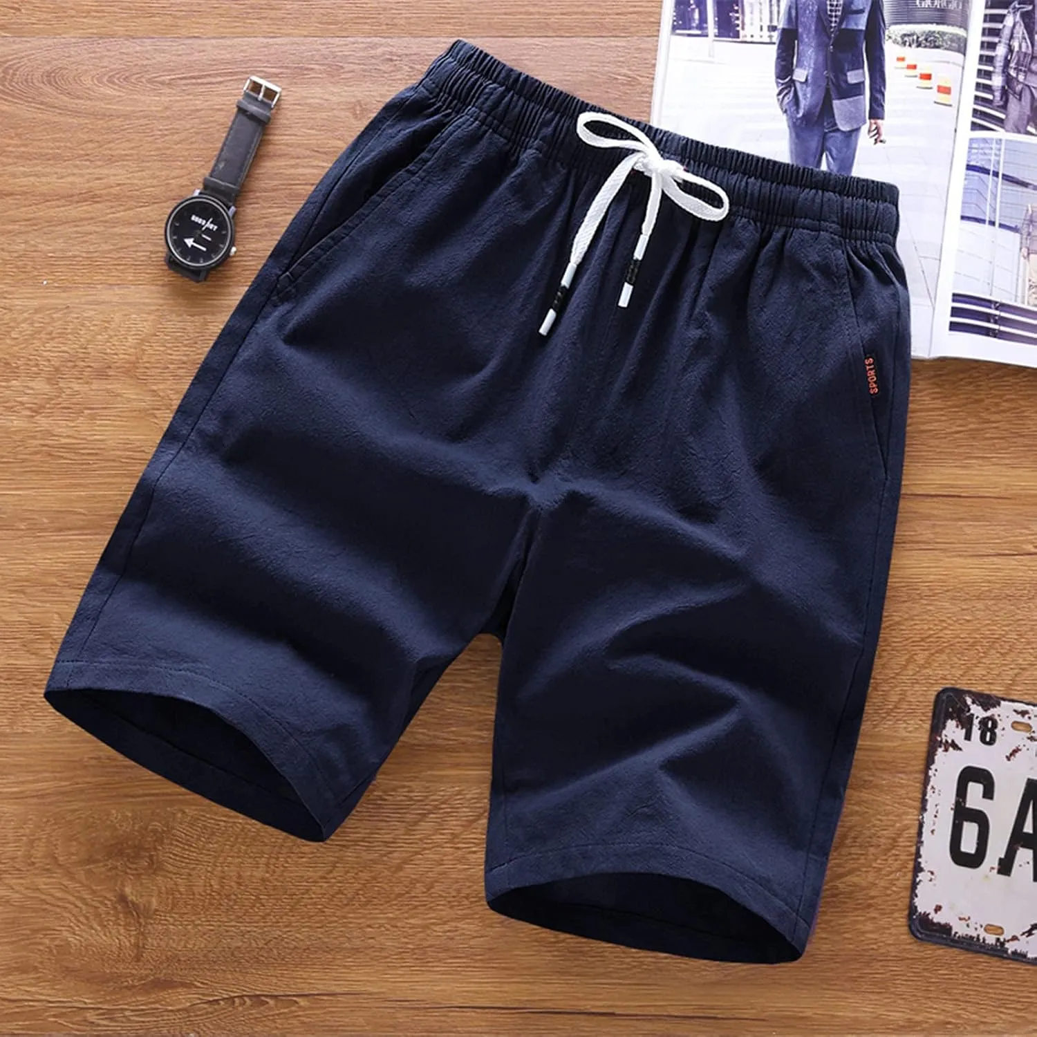 tuduoms Men's 5" Inseam Linen Casual Short Summer Beach Lightweight Board Slim-Fit Shorts Elastic Waist Pockets Short Pants