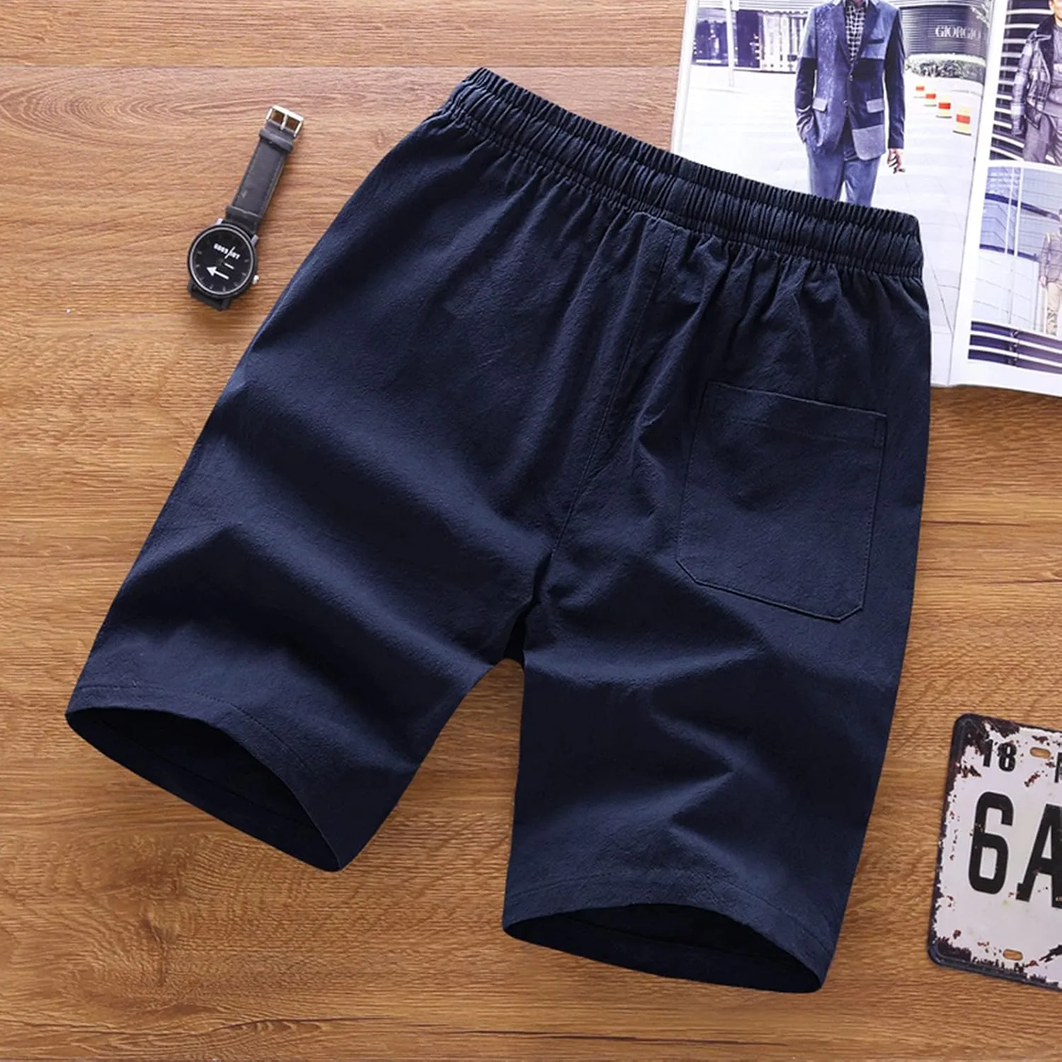 tuduoms Men's 5" Inseam Linen Casual Short Summer Beach Lightweight Board Slim-Fit Shorts Elastic Waist Pockets Short Pants