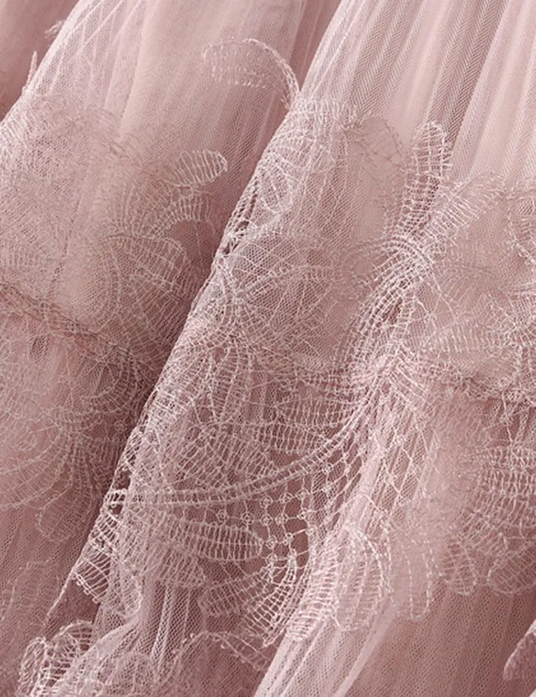 Tutu Tulle Skirts for Women Fairy Elastic High Waist Embroidered Lace Midi Skirt A Line Tiered Mesh Pleated Long Length Skirt Black, 79cm