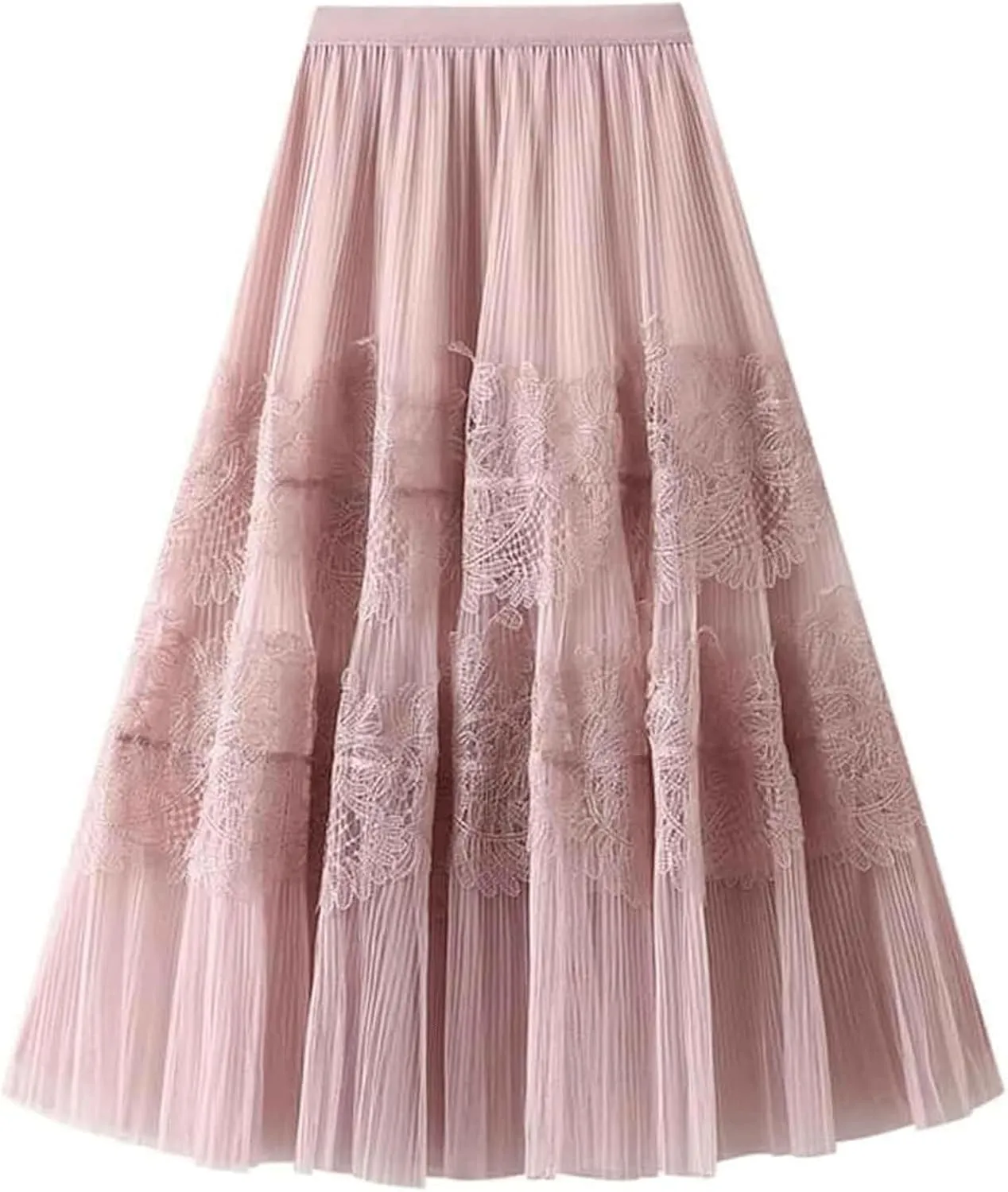 Tutu Tulle Skirts for Women Fairy Elastic High Waist Embroidered Lace Midi Skirt A Line Tiered Mesh Pleated Long Length Skirt Black, 79cm
