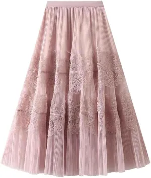 Tutu Tulle Skirts for Women Fairy Elastic High Waist Embroidered Lace Midi Skirt A Line Tiered Mesh Pleated Long Length Skirt Black, 79cm