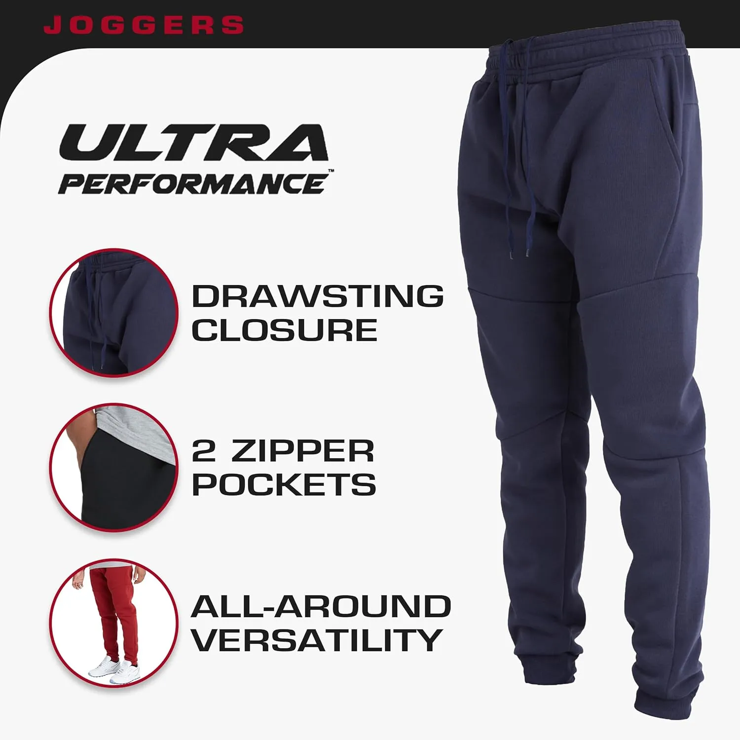 Ultra Performance 3 Pack Fleece Active Tech Joggers for Men, Mens Sweatpants with Zipper Pockets