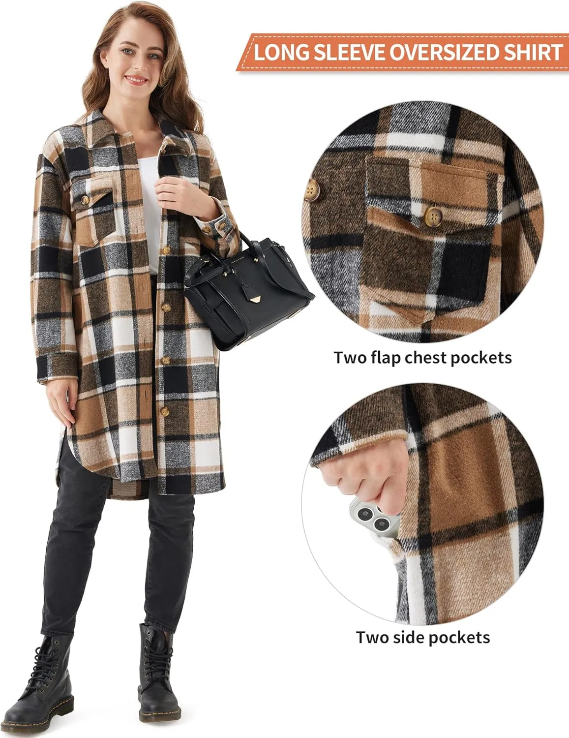 URBEST Women's Oversized Plaid Shacket | Soft Brushed Fabric | Casual Layering Top, Knee Length/Plus Size/Cropped