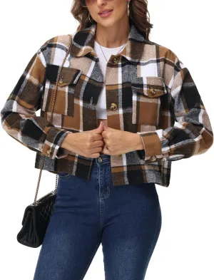URBEST Women's Oversized Plaid Shacket | Soft Brushed Fabric | Casual Layering Top, Knee Length/Plus Size/Cropped