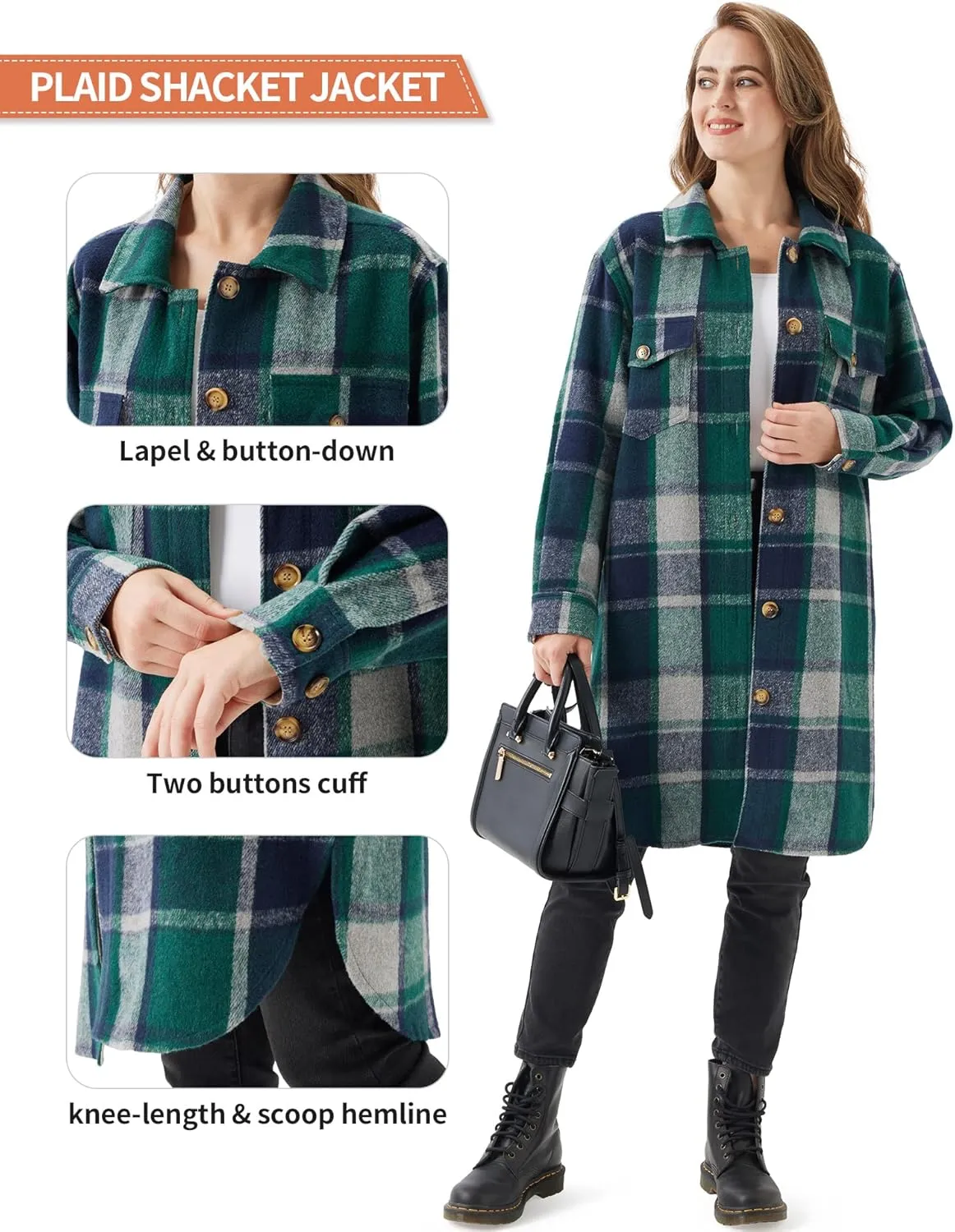 URBEST Women's Oversized Plaid Shacket | Soft Brushed Fabric | Casual Layering Top, Knee Length/Plus Size/Cropped