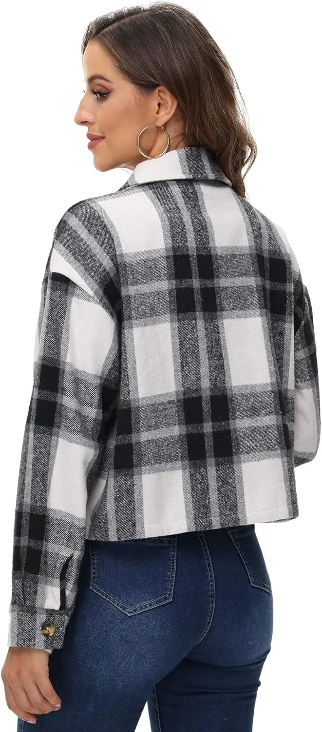 URBEST Women's Oversized Plaid Shacket | Soft Brushed Fabric | Casual Layering Top, Knee Length/Plus Size/Cropped